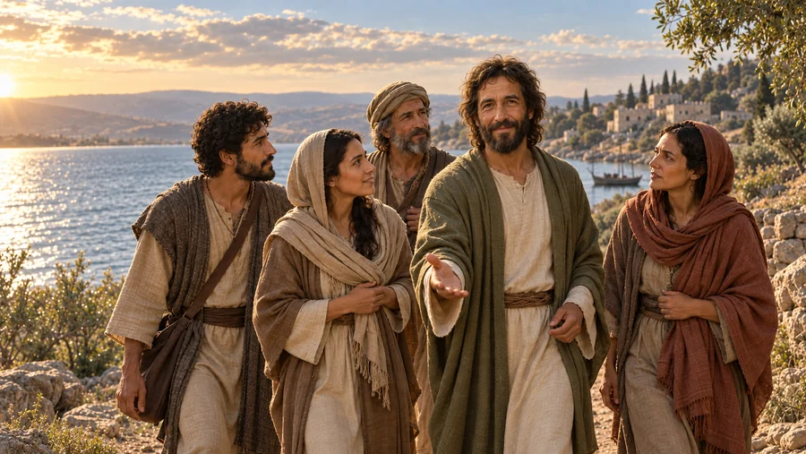 Jesus Christ inviting four attentive seekers to walk with Him beside the Sea of Galilee