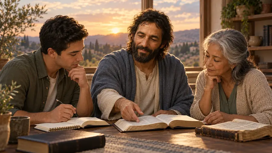 Jesus Christ studying scripture at a table with a young man and an older woman