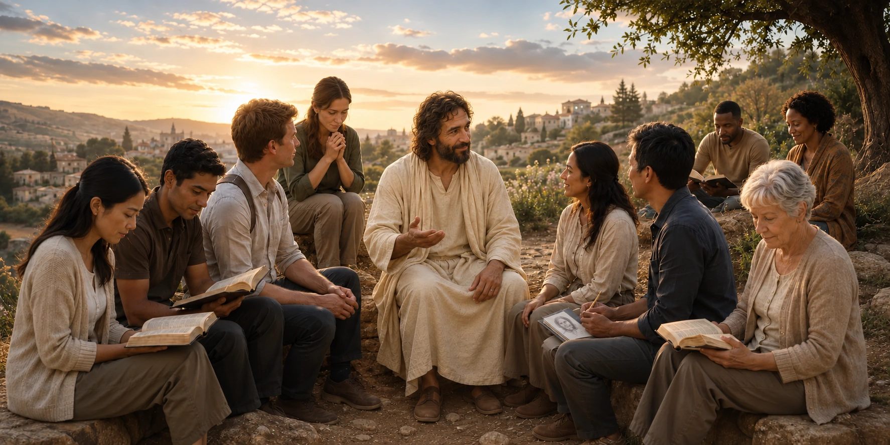 Jesus Christ welcoming a diverse group gathered in scripture study, prayer, conversation, and sacred art
